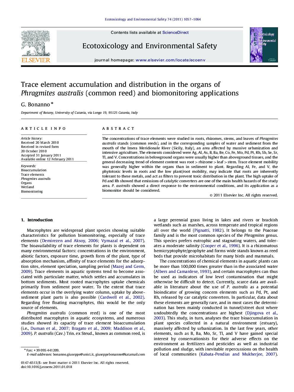 Trace element accumulation and distribution in the organs of Phragmites australis (common reed) and biomonitoring applications