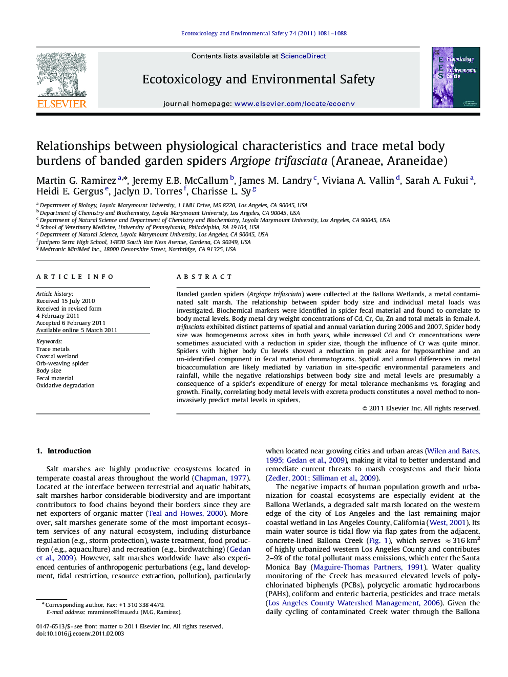 Relationships between physiological characteristics and trace metal body burdens of banded garden spiders Argiope trifasciata (Araneae, Araneidae)