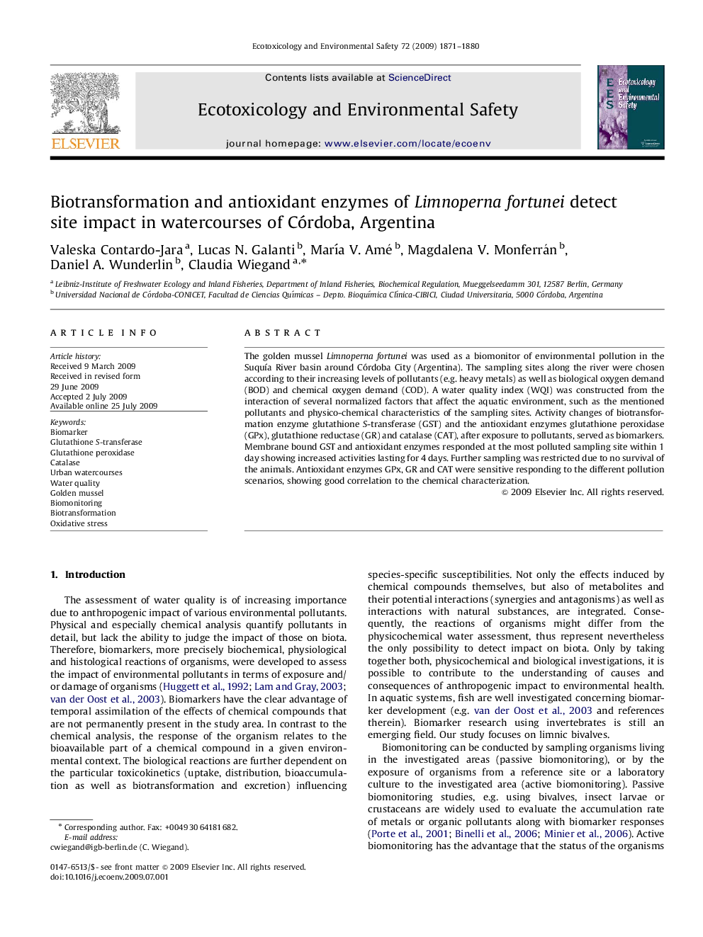 Biotransformation and antioxidant enzymes of Limnoperna fortunei detect site impact in watercourses of Córdoba, Argentina