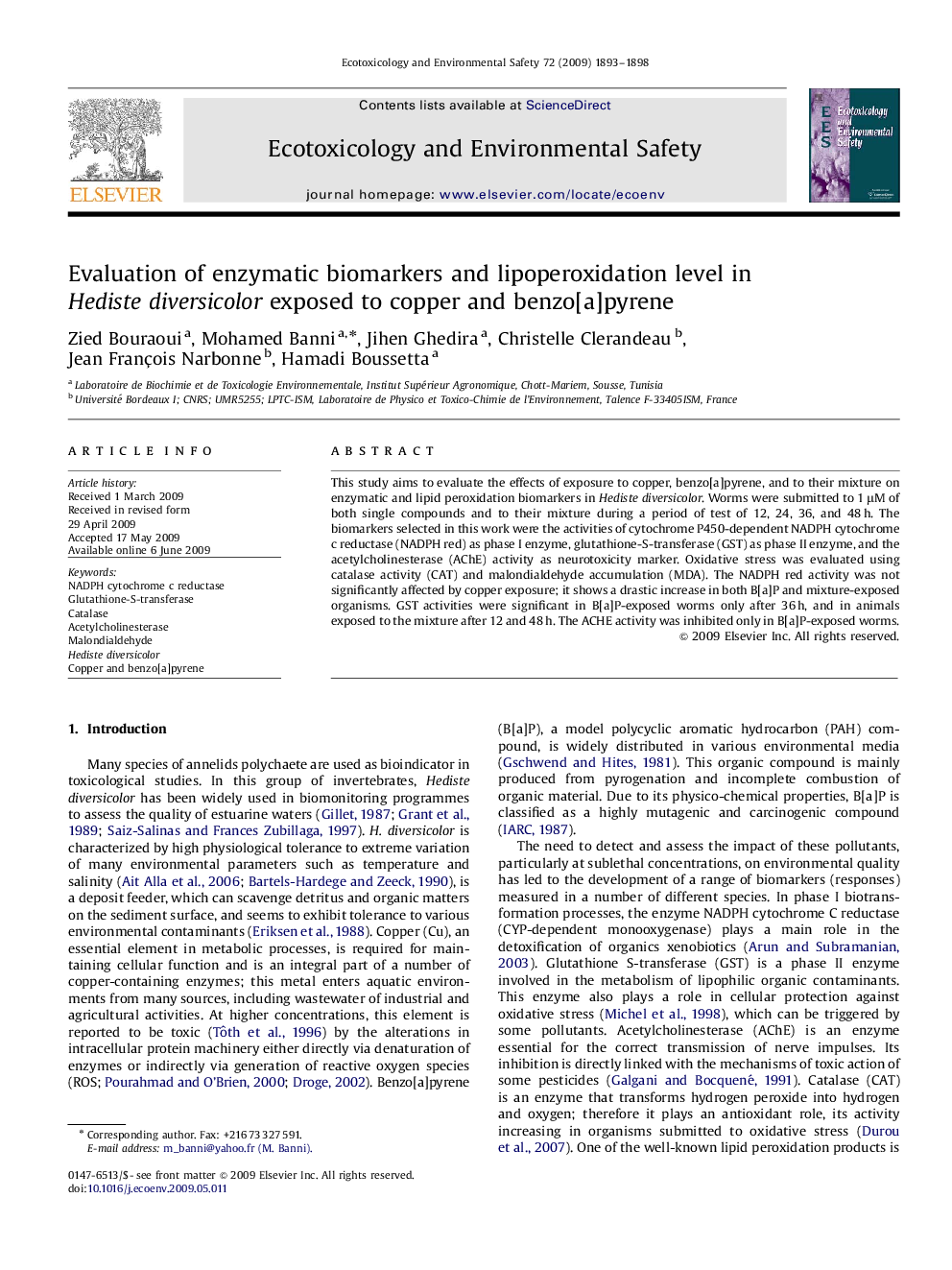 Evaluation of enzymatic biomarkers and lipoperoxidation level in Hediste diversicolor exposed to copper and benzo[a]pyrene