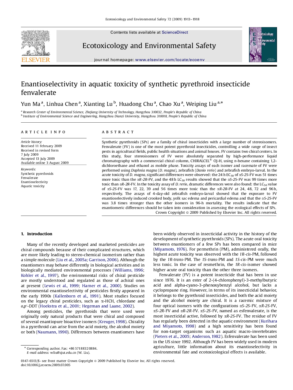 Enantioselectivity in aquatic toxicity of synthetic pyrethroid insecticide fenvalerate