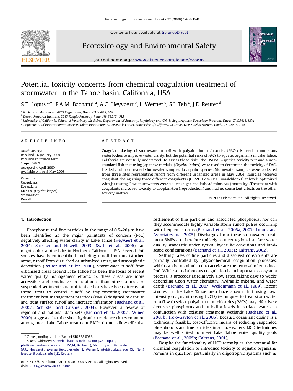 Potential toxicity concerns from chemical coagulation treatment of stormwater in the Tahoe basin, California, USA