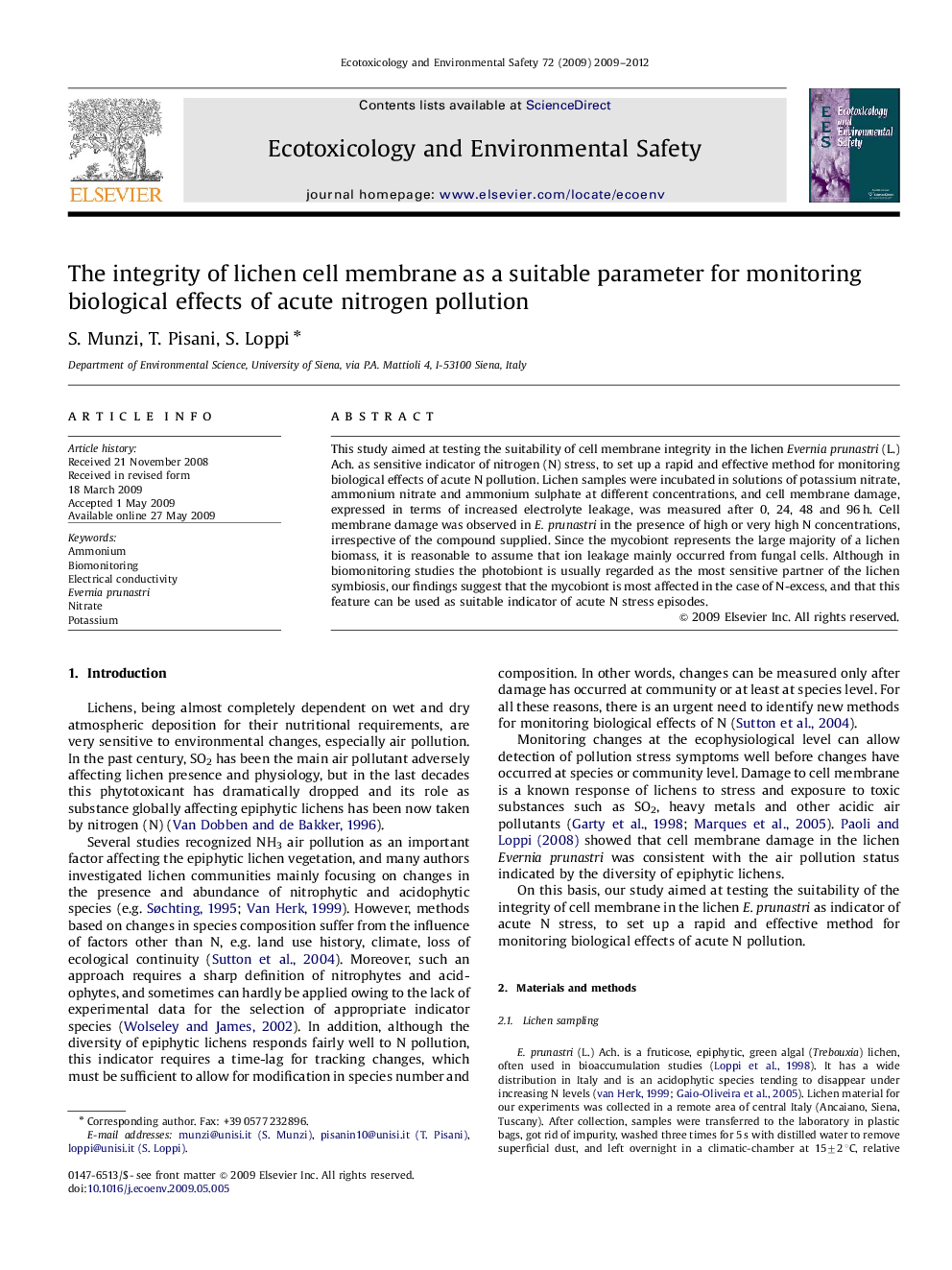 The integrity of lichen cell membrane as a suitable parameter for monitoring biological effects of acute nitrogen pollution