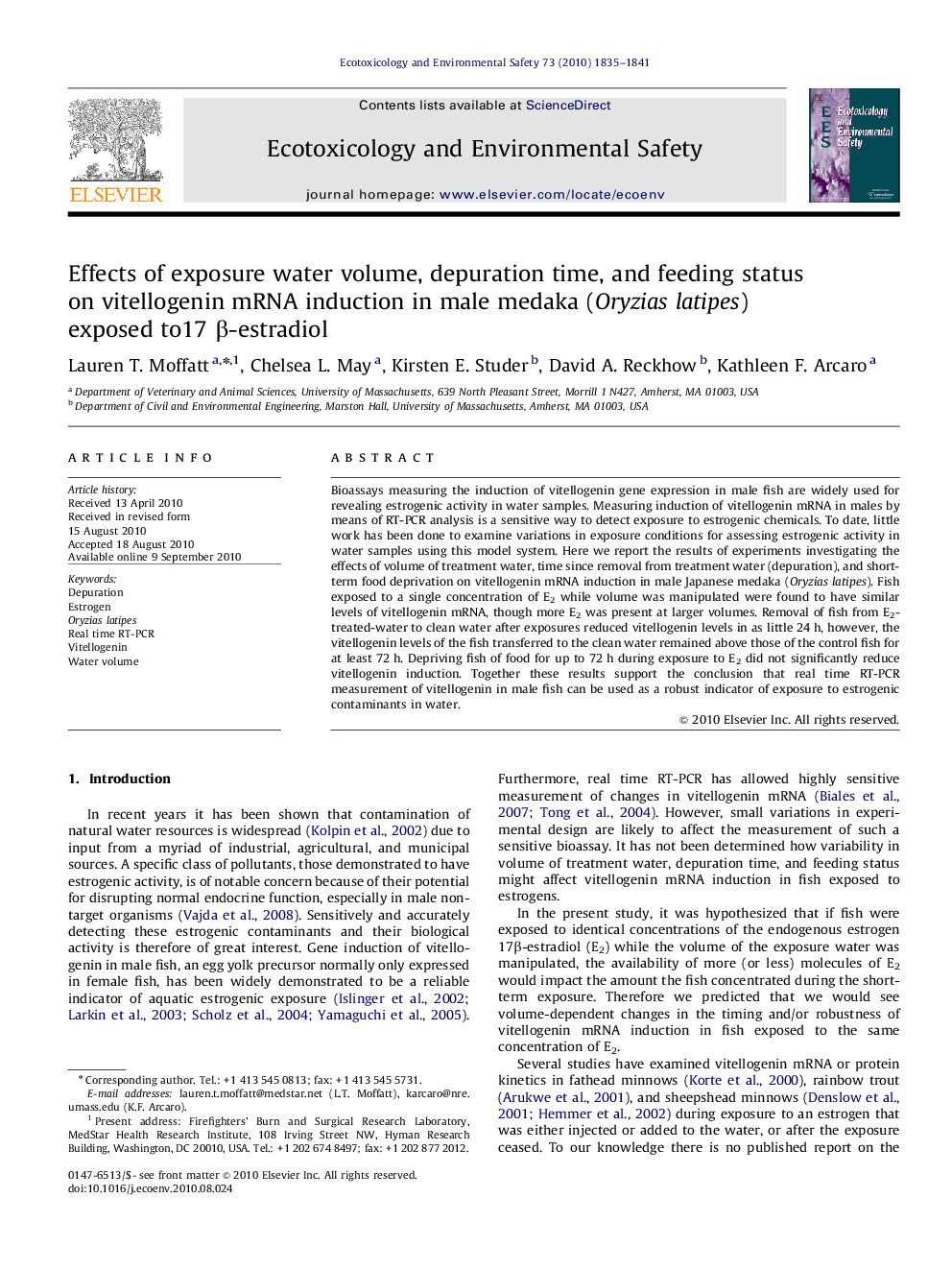 Effects of exposure water volume, depuration time, and feeding status on vitellogenin mRNA induction in male medaka (Oryzias latipes) exposed to17 β-estradiol