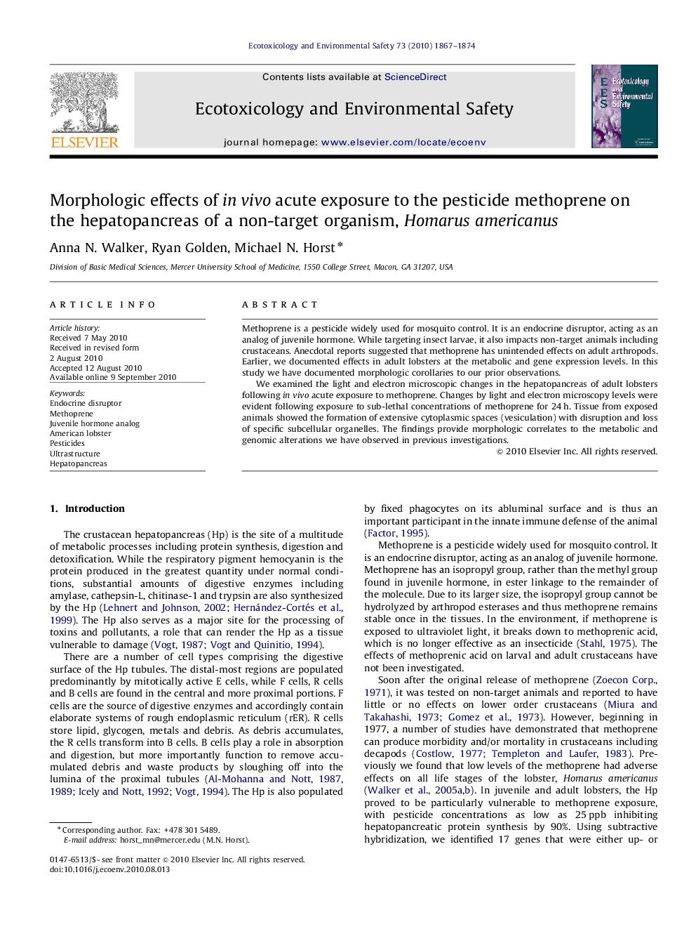 Morphologic effects of in vivo acute exposure to the pesticide methoprene on the hepatopancreas of a non-target organism, Homarus americanus