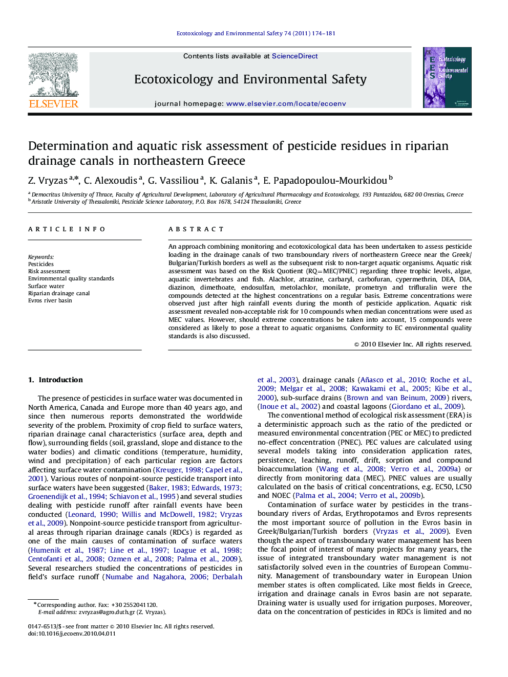 Determination and aquatic risk assessment of pesticide residues in riparian drainage canals in northeastern Greece