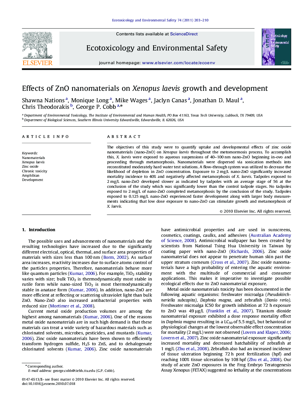 Effects of ZnO nanomaterials on Xenopus laevis growth and development