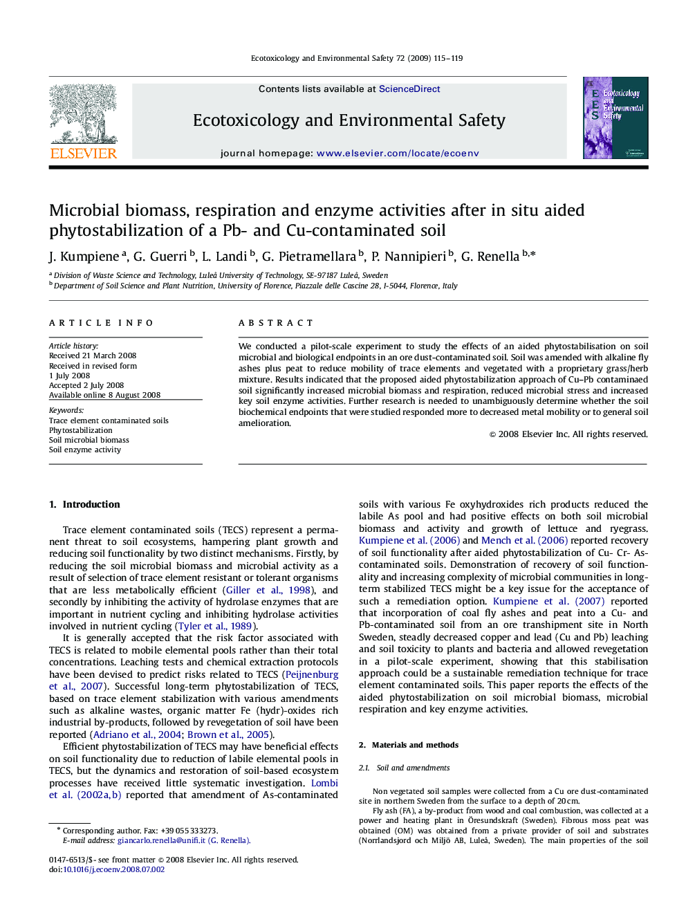 Microbial biomass, respiration and enzyme activities after in situ aided phytostabilization of a Pb- and Cu-contaminated soil
