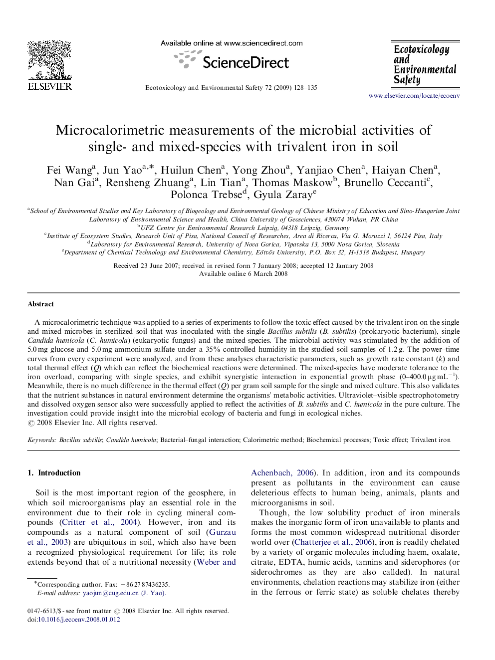 عکس صفحه اول مقاله: Microcalorimetric measurements of the microbial activities of single- and mixed-species with trivalent iron in soil Microcalorimetric measurements of the microbial activities of single- and mixed-species with trivalent iron in soil