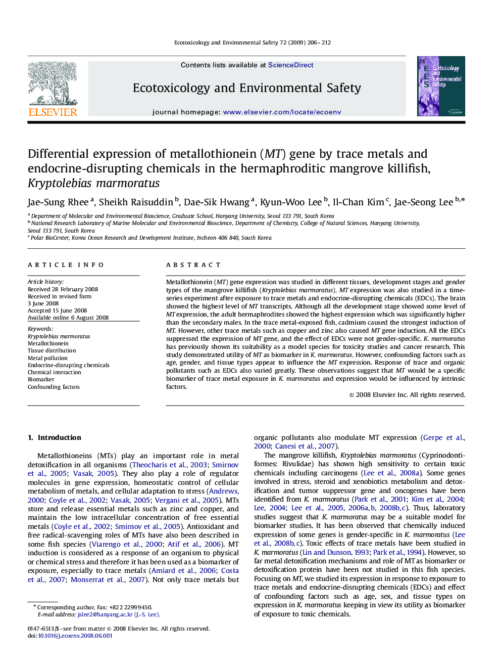 Differential expression of metallothionein (MT) gene by trace metals and endocrine-disrupting chemicals in the hermaphroditic mangrove killifish, Kryptolebias marmoratus