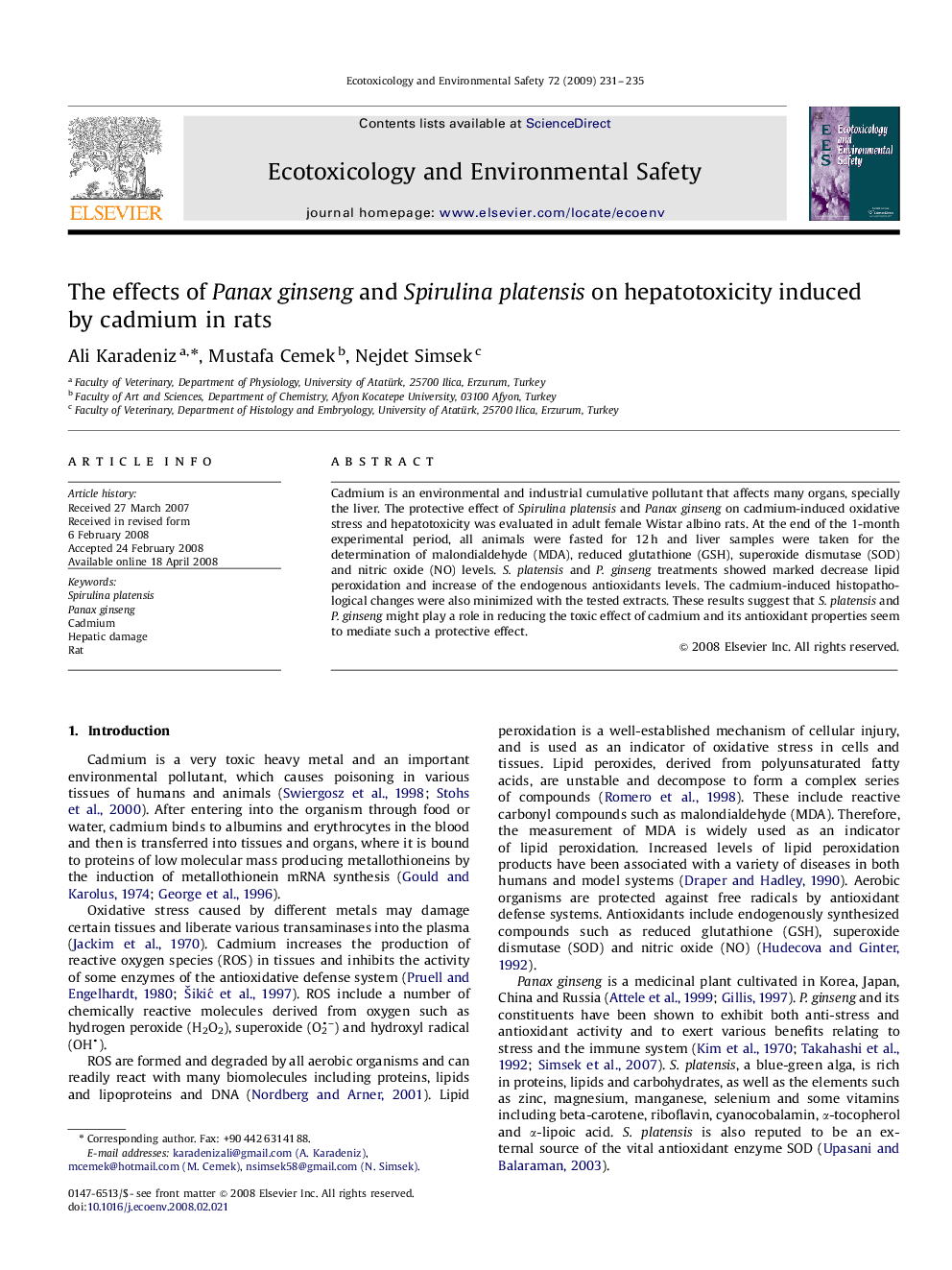 The effects of Panax ginseng and Spirulina platensis on hepatotoxicity induced by cadmium in rats