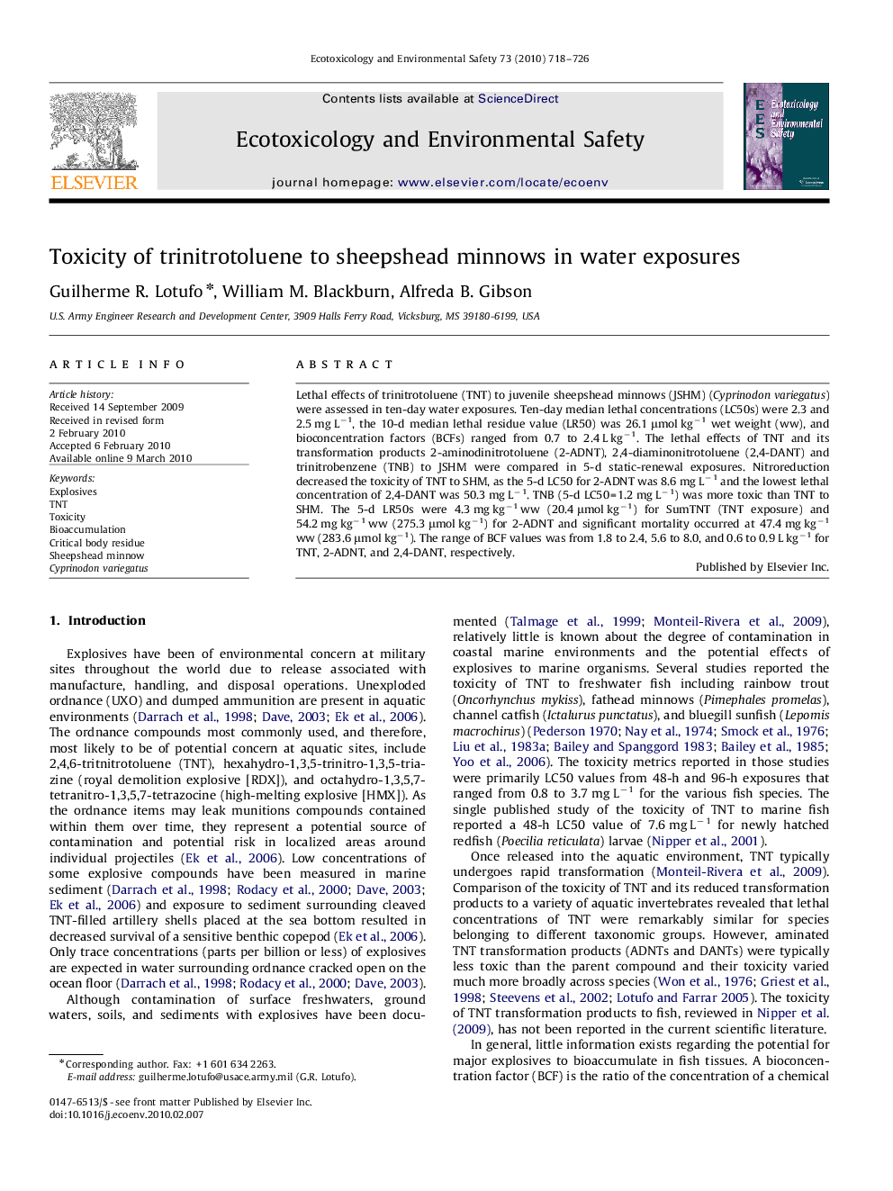 Toxicity of trinitrotoluene to sheepshead minnows in water exposures