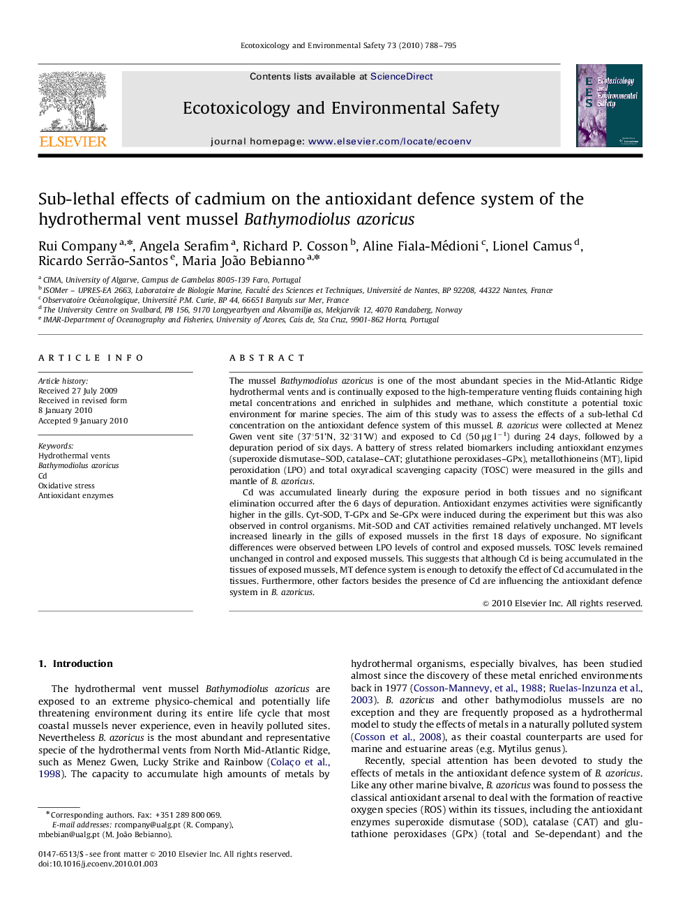 Sub-lethal effects of cadmium on the antioxidant defence system of the hydrothermal vent mussel Bathymodiolus azoricus