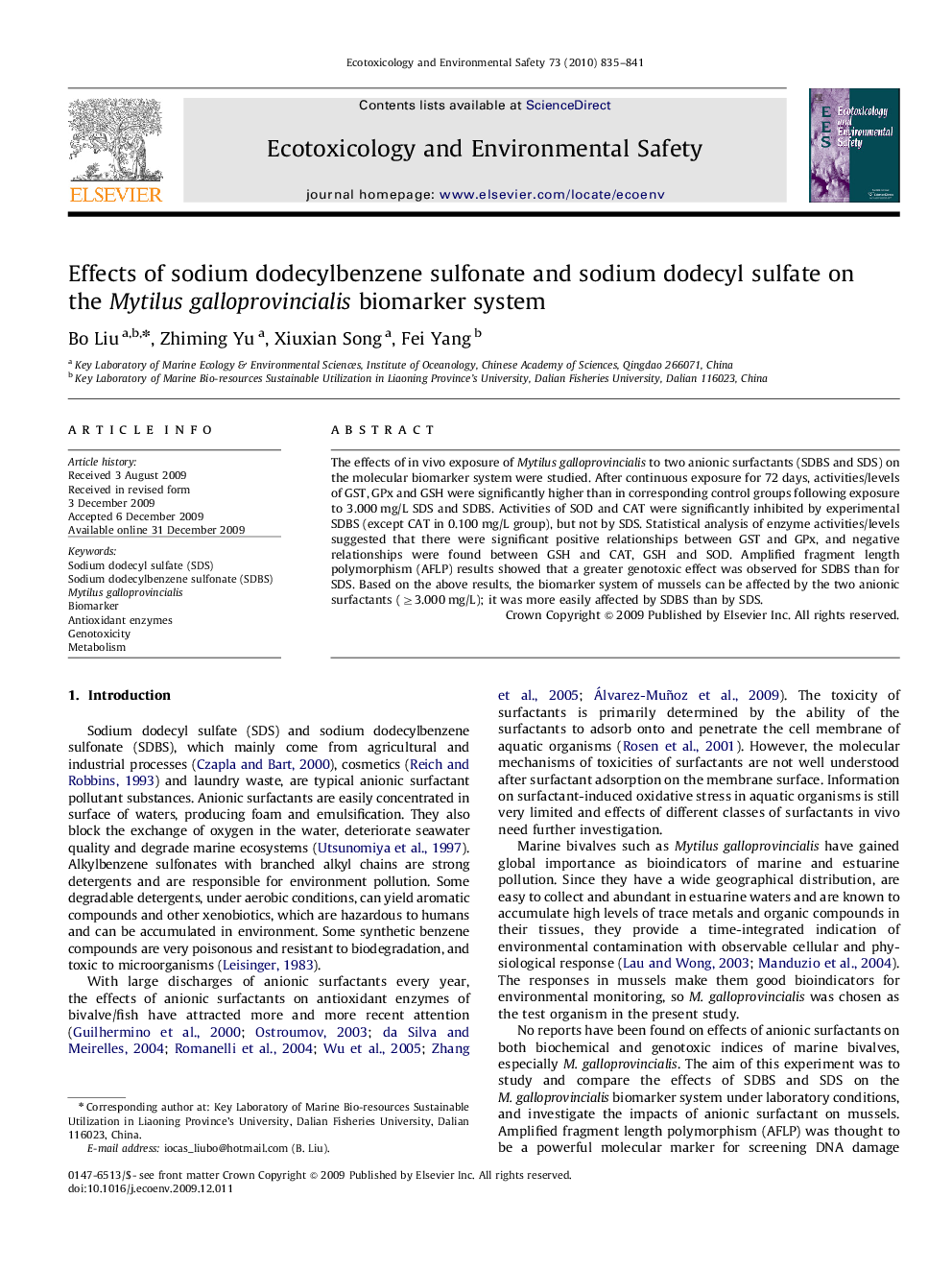 Effects of sodium dodecylbenzene sulfonate and sodium dodecyl sulfate on the Mytilus galloprovincialis biomarker system