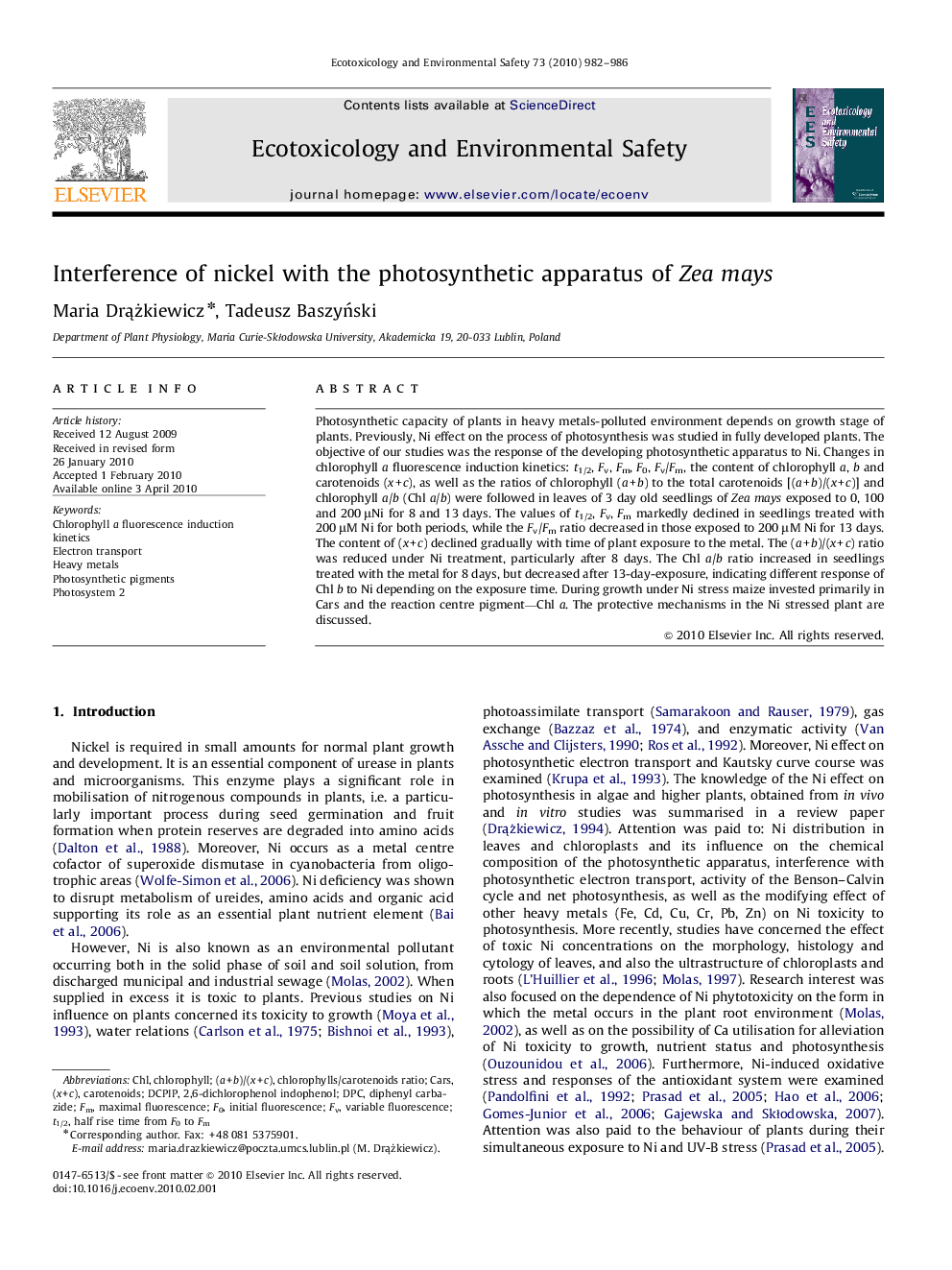 Interference of nickel with the photosynthetic apparatus of Zea mays