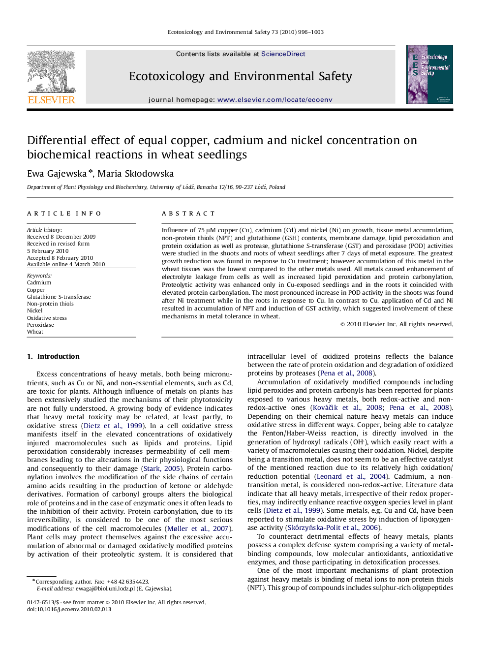 Differential effect of equal copper, cadmium and nickel concentration on biochemical reactions in wheat seedlings