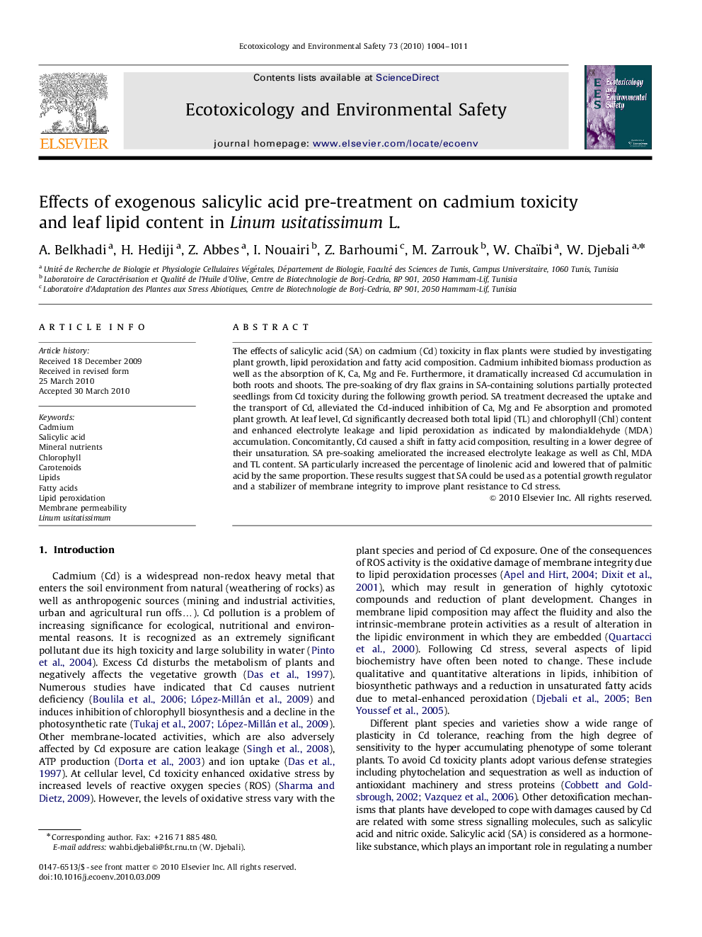 Effects of exogenous salicylic acid pre-treatment on cadmium toxicity and leaf lipid content in Linum usitatissimum L.