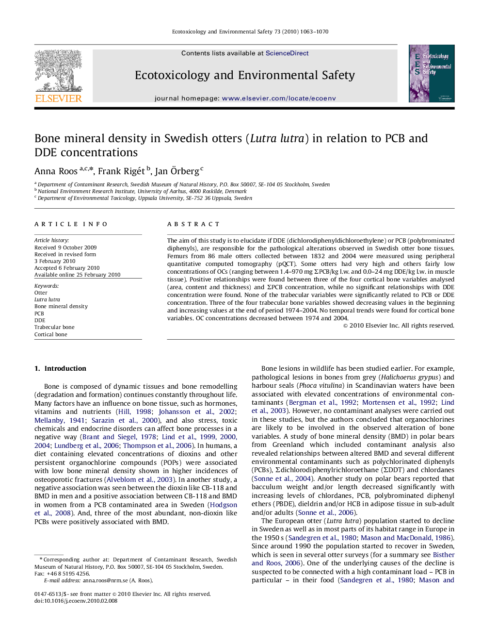 Bone mineral density in Swedish otters (Lutra lutra) in relation to PCB and DDE concentrations