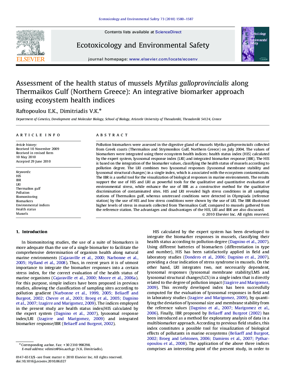 Assessment of the health status of mussels Mytilus galloprovincialis along Thermaikos Gulf (Northern Greece): An integrative biomarker approach using ecosystem health indices