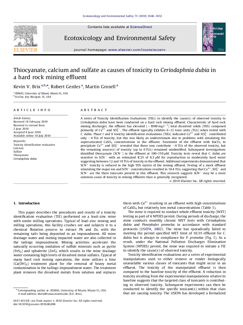 Thiocyanate, calcium and sulfate as causes of toxicity to Ceriodaphnia dubia in a hard rock mining effluent