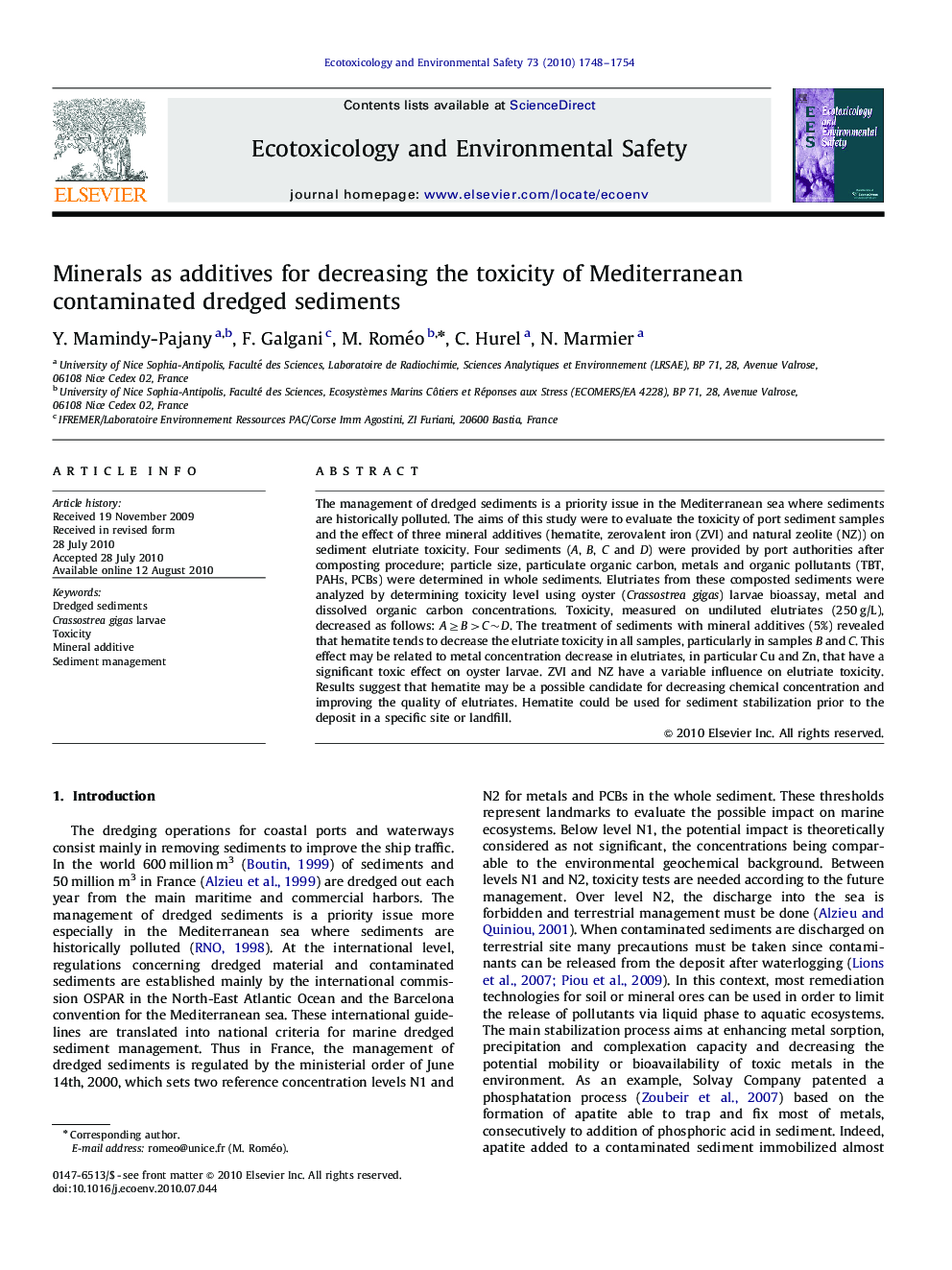 Minerals as additives for decreasing the toxicity of Mediterranean contaminated dredged sediments