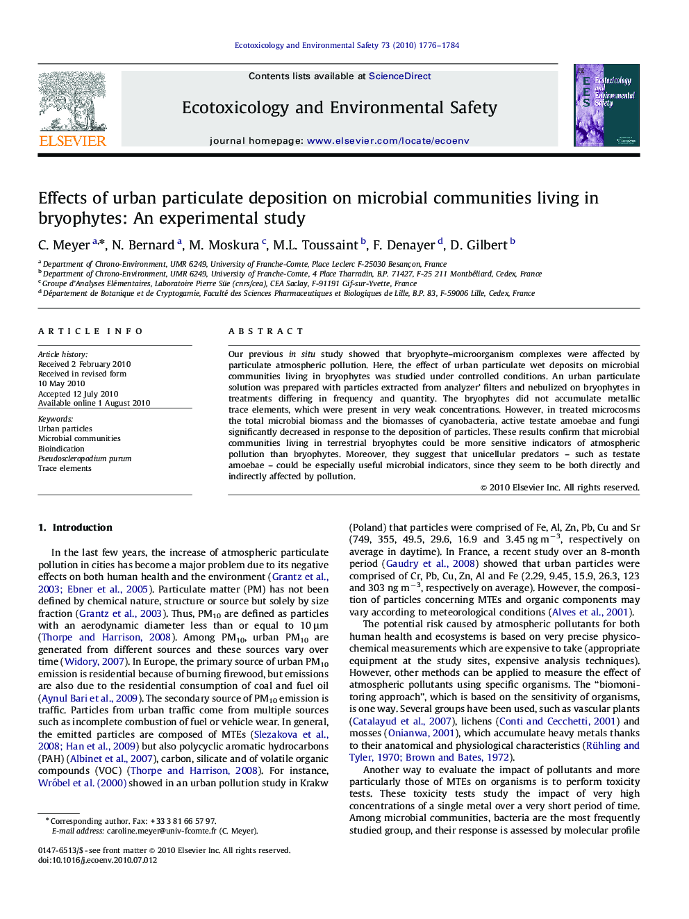 Effects of urban particulate deposition on microbial communities living in bryophytes: An experimental study