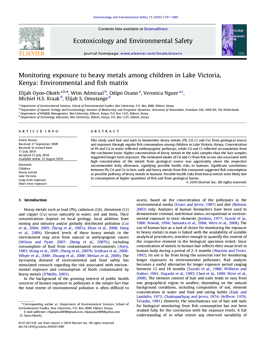 Monitoring exposure to heavy metals among children in Lake Victoria, Kenya: Environmental and fish matrix