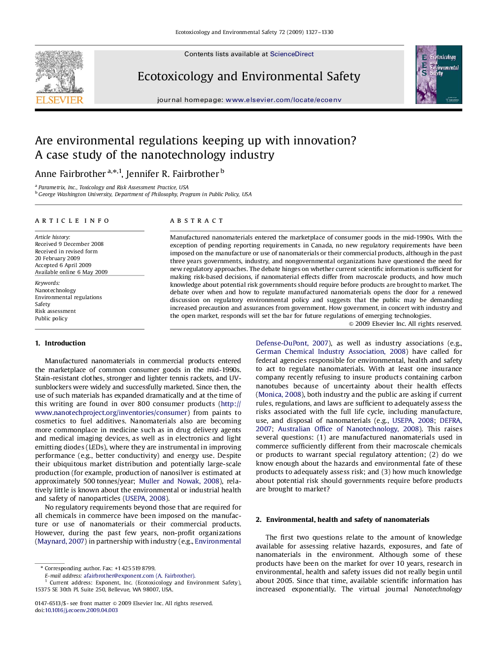 Are environmental regulations keeping up with innovation? A case study of the nanotechnology industry