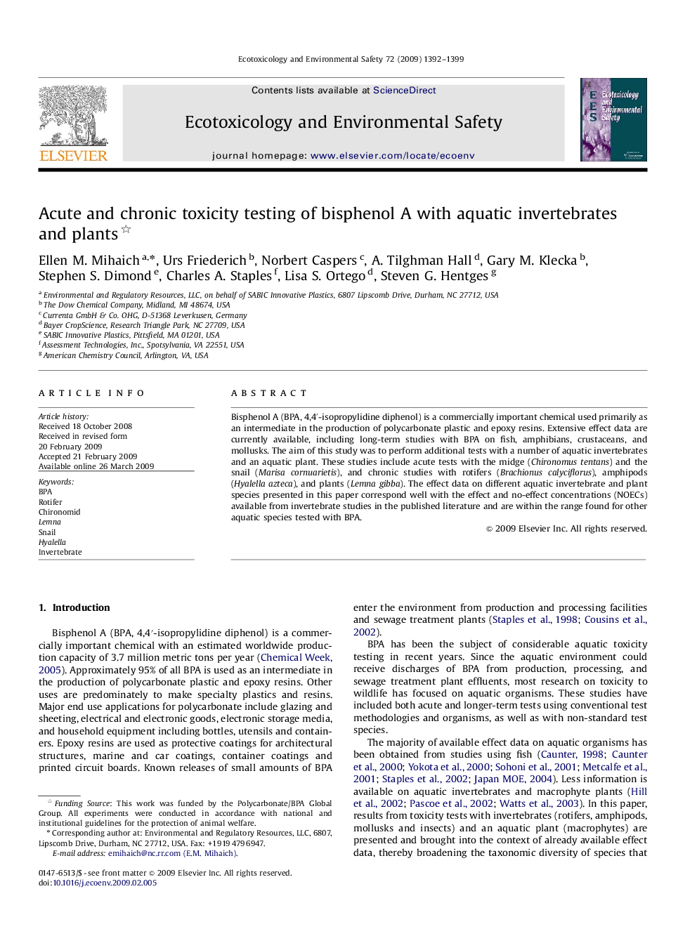 Acute and chronic toxicity testing of bisphenol A with aquatic invertebrates and plants 