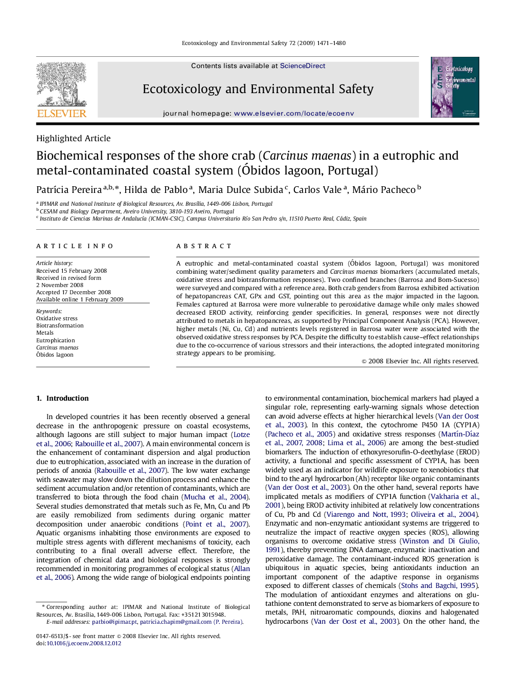 Biochemical responses of the shore crab (Carcinus maenas) in a eutrophic and metal-contaminated coastal system (Óbidos lagoon, Portugal)