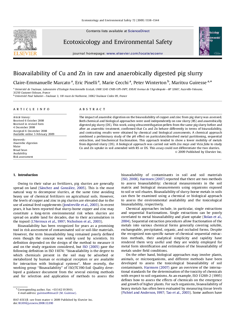 Bioavailability of Cu and Zn in raw and anaerobically digested pig slurry