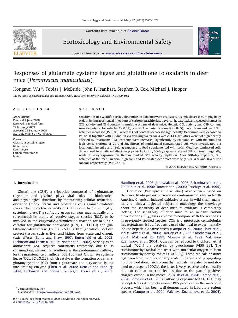 Responses of glutamate cysteine ligase and glutathione to oxidants in deer mice (Peromyscus maniculatus)