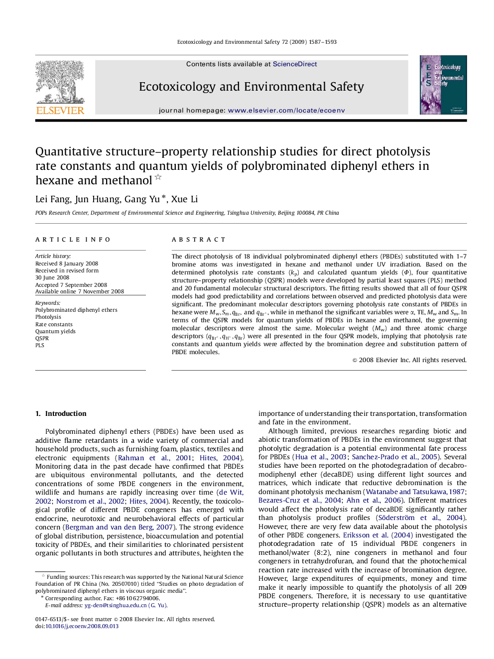 Quantitative structure–property relationship studies for direct photolysis rate constants and quantum yields of polybrominated diphenyl ethers in hexane and methanol 