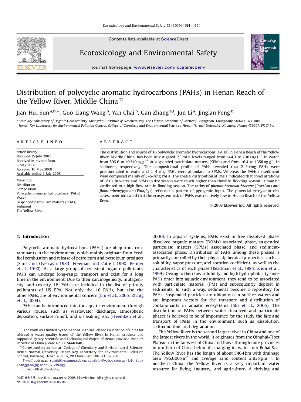 Distribution of polycyclic aromatic hydrocarbons (PAHs) in Henan Reach of the Yellow River, Middle China 