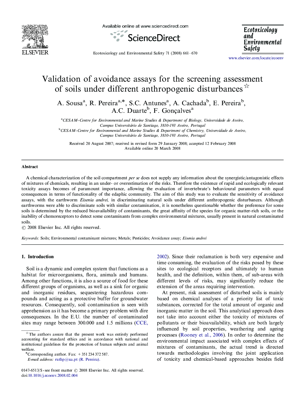 Validation of avoidance assays for the screening assessment of soils under different anthropogenic disturbances 