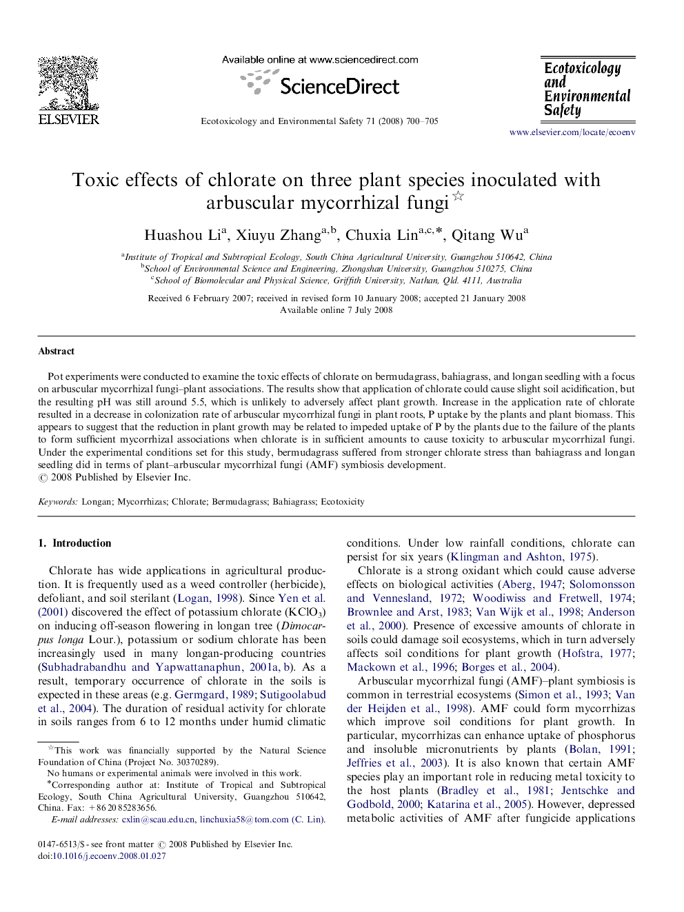 Toxic effects of chlorate on three plant species inoculated with arbuscular mycorrhizal fungi 