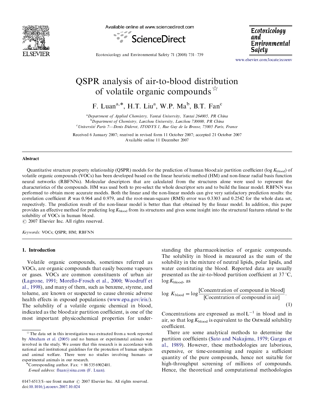 QSPR analysis of air-to-blood distribution of volatile organic compounds 