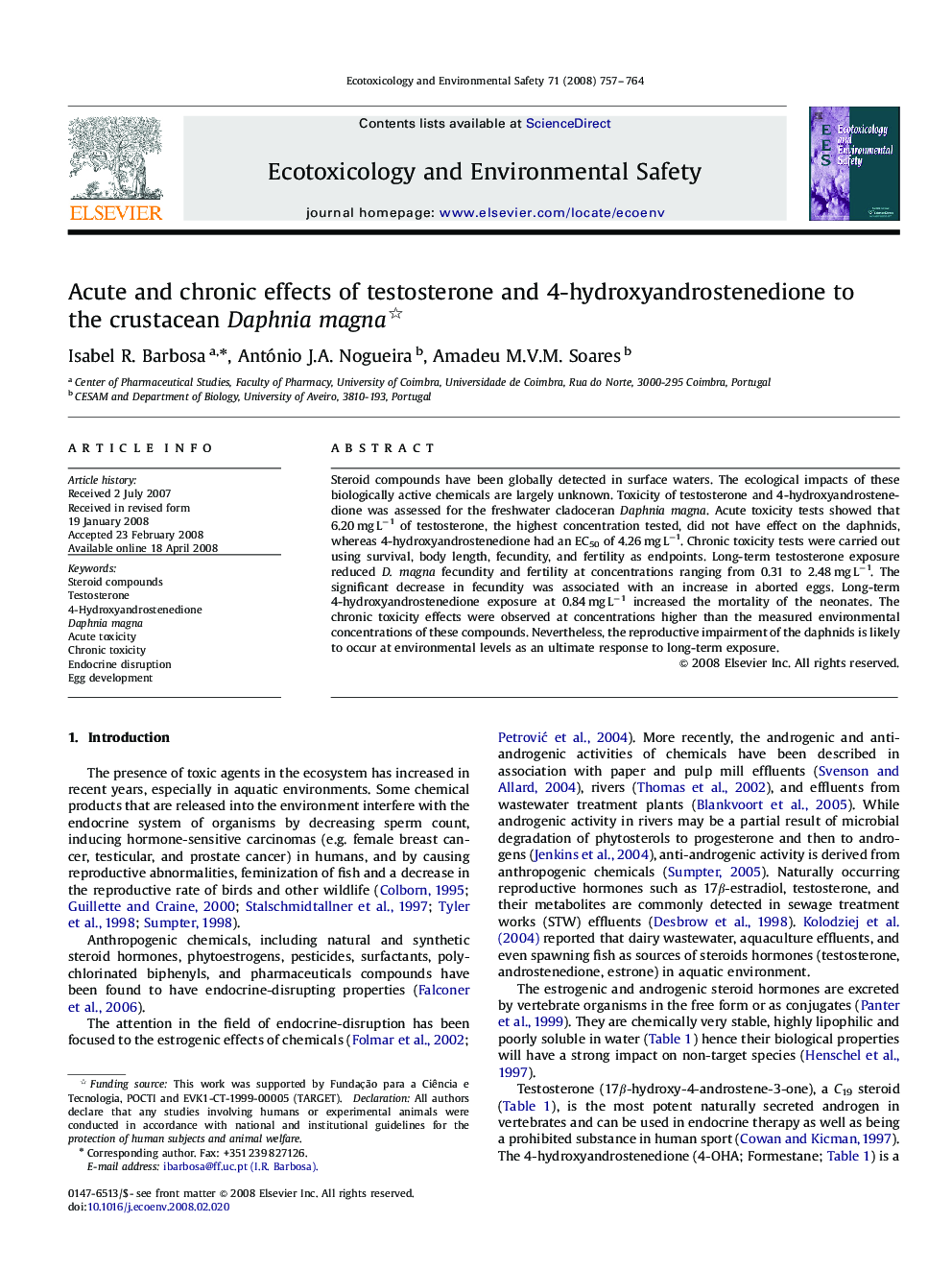 Acute and chronic effects of testosterone and 4-hydroxyandrostenedione to the crustacean Daphnia magna 