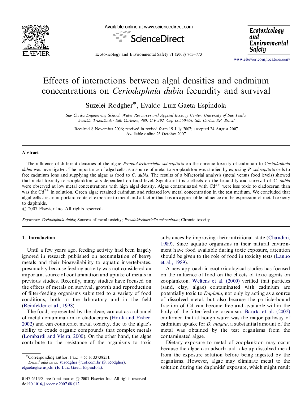 Effects of interactions between algal densities and cadmium concentrations on Ceriodaphnia dubia fecundity and survival