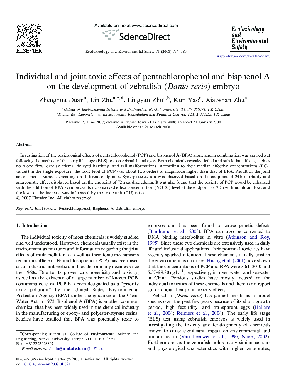 Individual and joint toxic effects of pentachlorophenol and bisphenol A on the development of zebrafish (Danio rerio) embryo