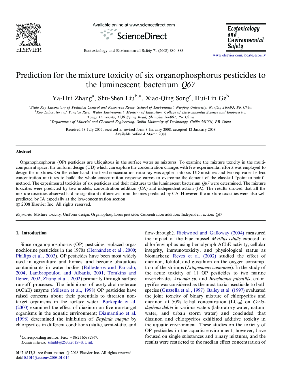 Prediction for the mixture toxicity of six organophosphorus pesticides to the luminescent bacterium Q67