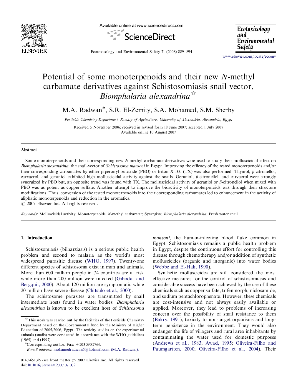 Potential of some monoterpenoids and their new N-methyl carbamate derivatives against Schistosomiasis snail vector, Biomphalaria alexandrina 