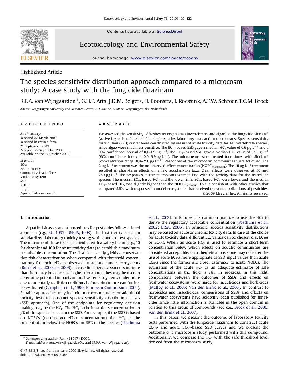 The species sensitivity distribution approach compared to a microcosm study: A case study with the fungicide fluazinam