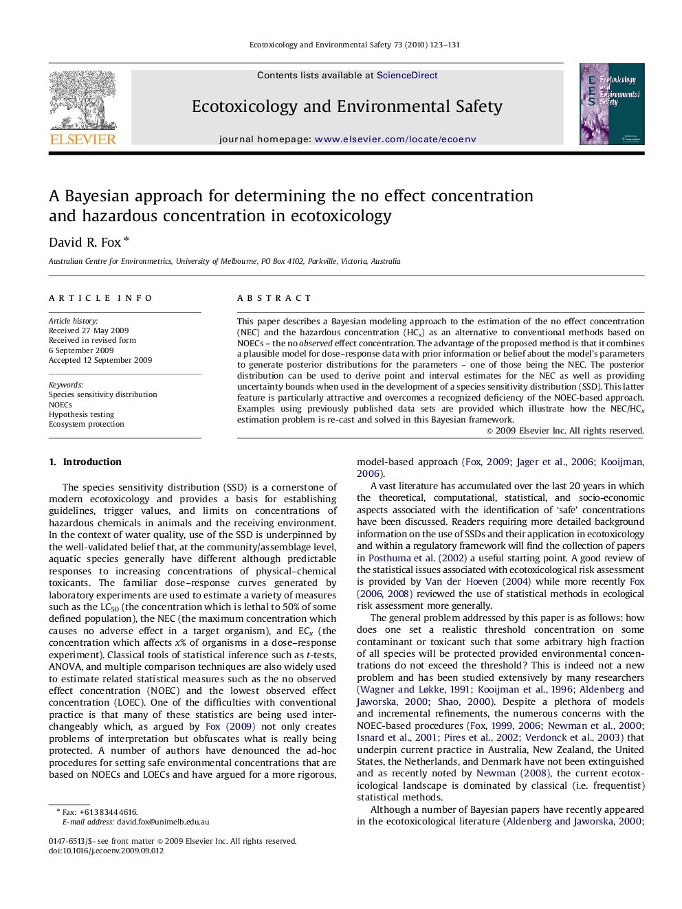 A Bayesian approach for determining the no effect concentration and hazardous concentration in ecotoxicology