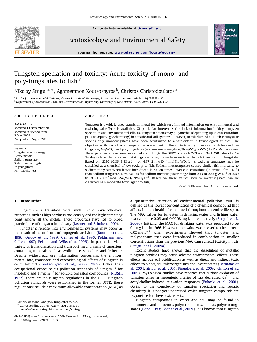 Tungsten speciation and toxicity: Acute toxicity of mono- and poly-tungstates to fish 