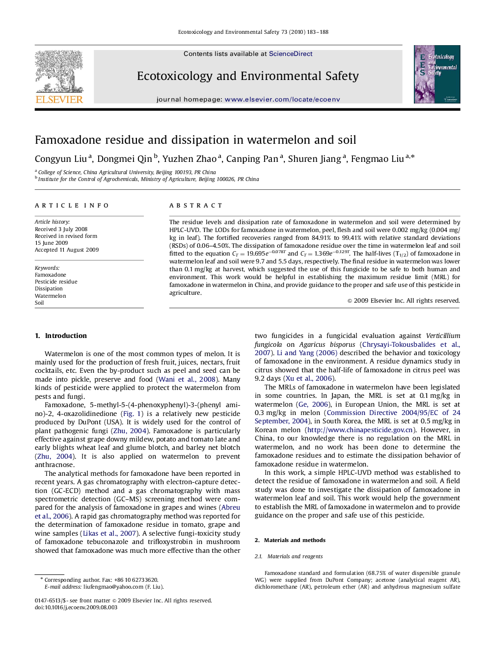 Famoxadone residue and dissipation in watermelon and soil