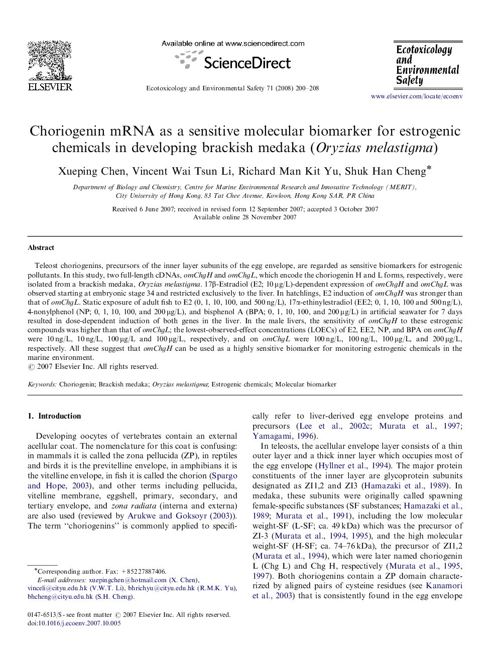 Choriogenin mRNA as a sensitive molecular biomarker for estrogenic chemicals in developing brackish medaka (Oryzias melastigma)