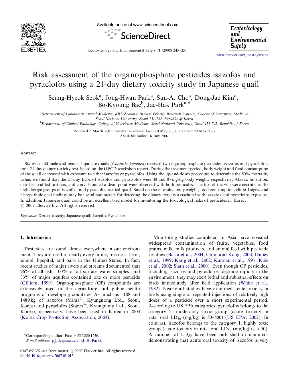 Risk assessment of the organophosphate pesticides isazofos and pyraclofos using a 21-day dietary toxicity study in Japanese quail