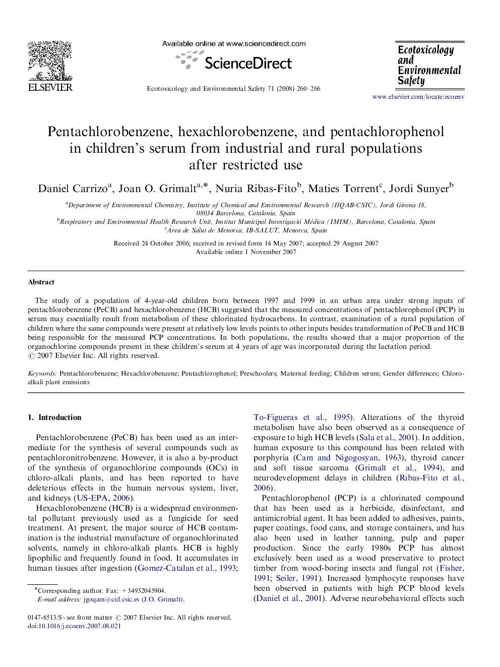 Pentachlorobenzene, hexachlorobenzene, and pentachlorophenol in children's serum from industrial and rural populations after restricted use