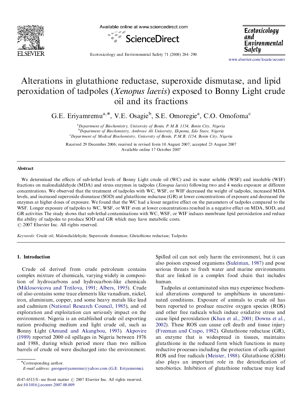 Alterations in glutathione reductase, superoxide dismutase, and lipid peroxidation of tadpoles (Xenopus laevis) exposed to Bonny Light crude oil and its fractions